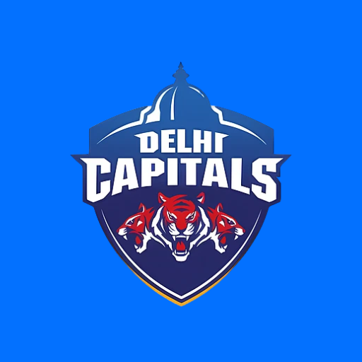 Delhi Capitals logo featuring a blue shield with bold team text and three red tiger faces on a blue background.