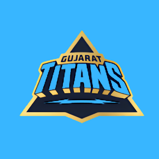 Gujarat Titans team logo featuring bold blue text on a dark triangular emblem with a light blue background.