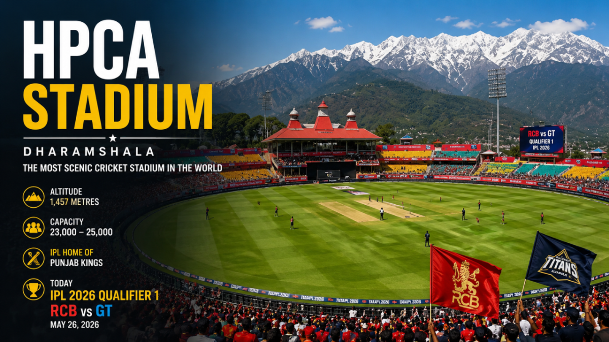 HPCA Stadium in Dharamshala with the Dhauladhar mountains in the background during IPL 2026 Qualifier 1 between RCB and GT, showcasing the scenic cricket venue and lush green field.