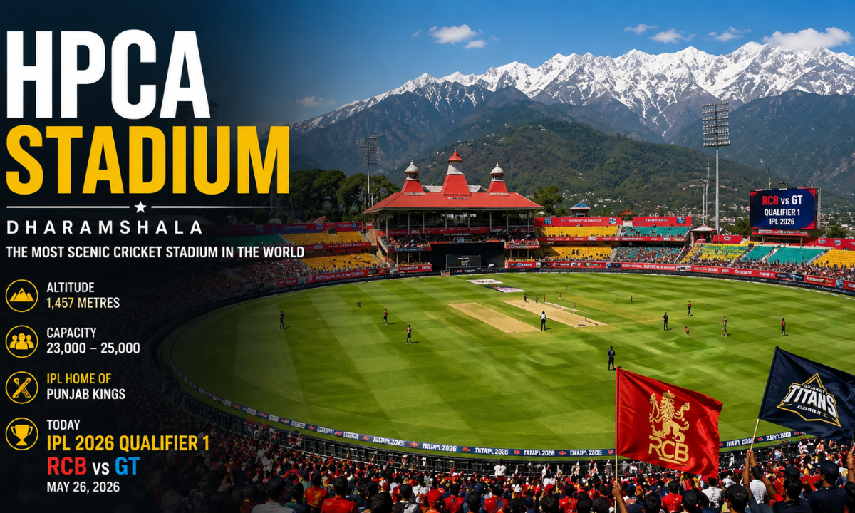 HPCA Stadium in Dharamshala with the Dhauladhar mountains in the background during IPL 2026 Qualifier 1 between RCB and GT, showcasing the scenic cricket venue and lush green field.