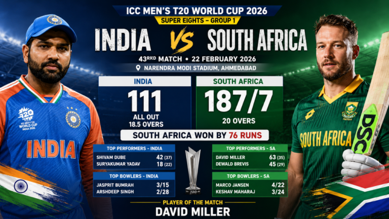 India National Cricket Team vs South Africa National Cricket Team Match Scorecard graphic showing South Africa defeating India by 76 runs, with final scores 187/7 and 111 all out, featuring David Miller and Rohit Sharma in stadium background.