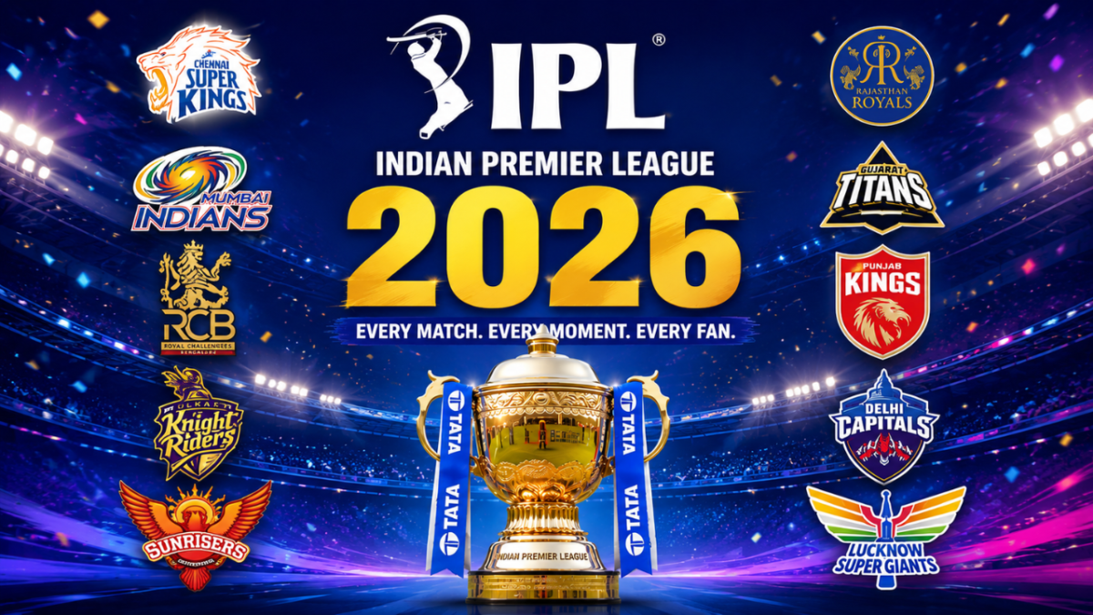 Indian Premier League 2026 poster with IPL trophy and team logos in a stadium backdrop.