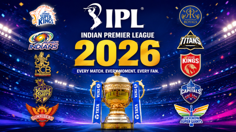 Indian Premier League 2026 poster with IPL trophy and team logos in a stadium backdrop.