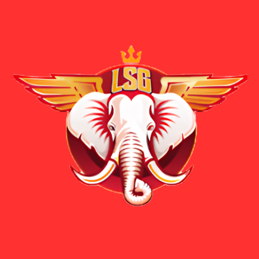 Lucknow Super Giants logo featuring a white elephant with golden wings and LSG text on a red background.