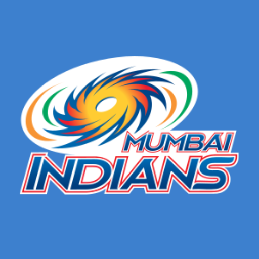 Mumbai Indians cricket team logo featuring a colorful swirling emblem above bold blue and red text on a blue background.