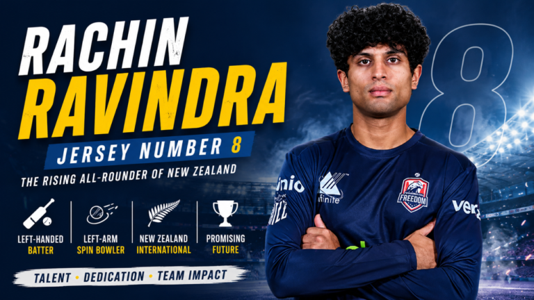 Rachin Ravindra jersey number feature image showing the New Zealand all-round cricketer with a sports-themed background and career highlights.