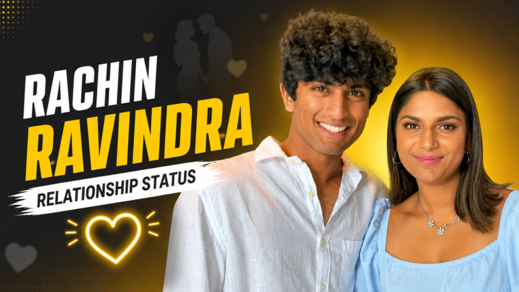 Rachin Ravindra relationship status feature image showing Rachin Ravindra with Premila Morar romantic heart graphics, and bold relationship status text in a YouTube-style thumbnail design.