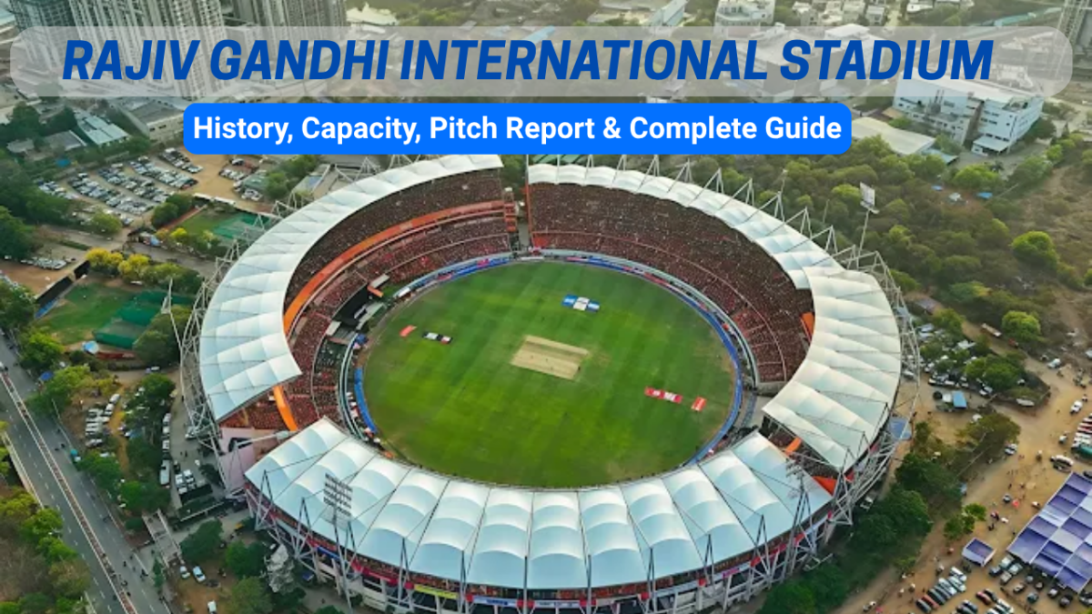 Feature image of Rajiv Gandhi International Stadium in Hyderabad showing an aerial view of the cricket ground with the title, History, Capacity, Pitch Report & Complete Guide.