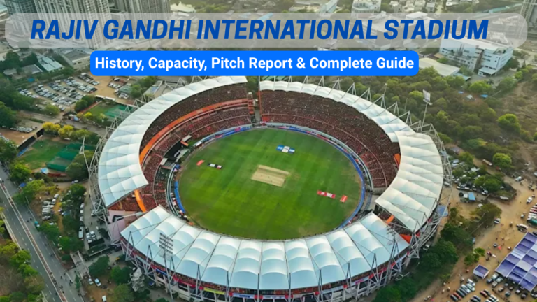 Feature image of Rajiv Gandhi International Stadium in Hyderabad showing an aerial view of the cricket ground with the title, History, Capacity, Pitch Report & Complete Guide.