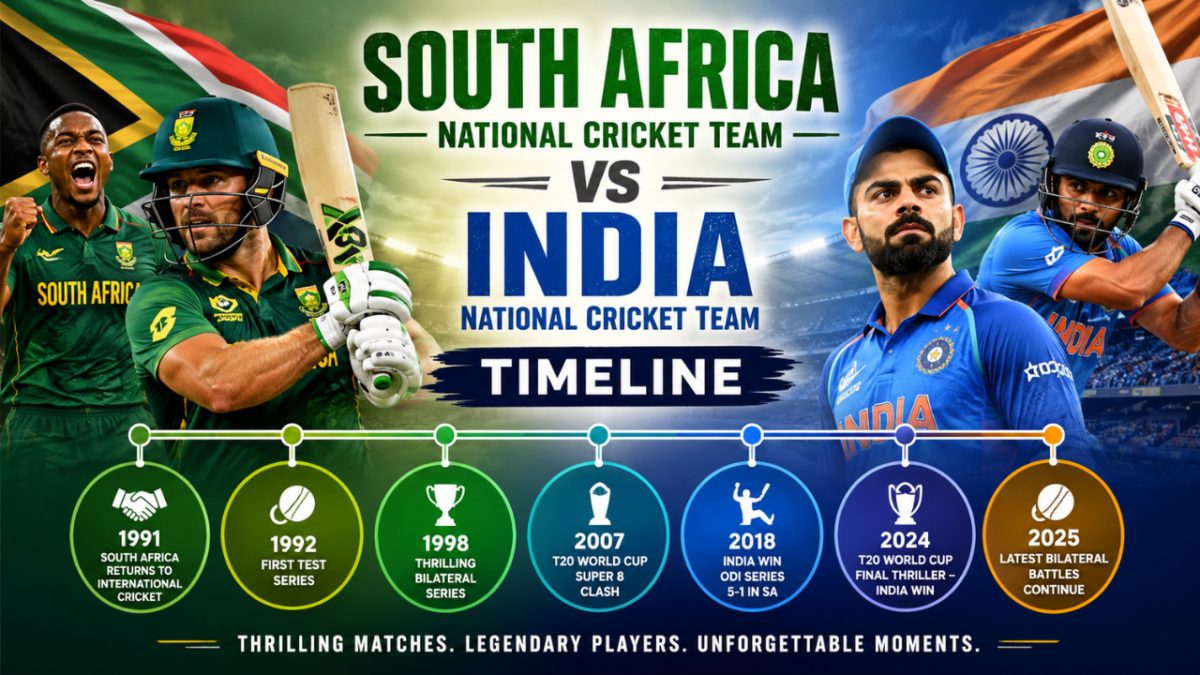 South Africa national cricket team vs India national cricket team timeline feature image showing cricket players, national flags, stadium background, and major rivalry milestones from 1991 to 2025.