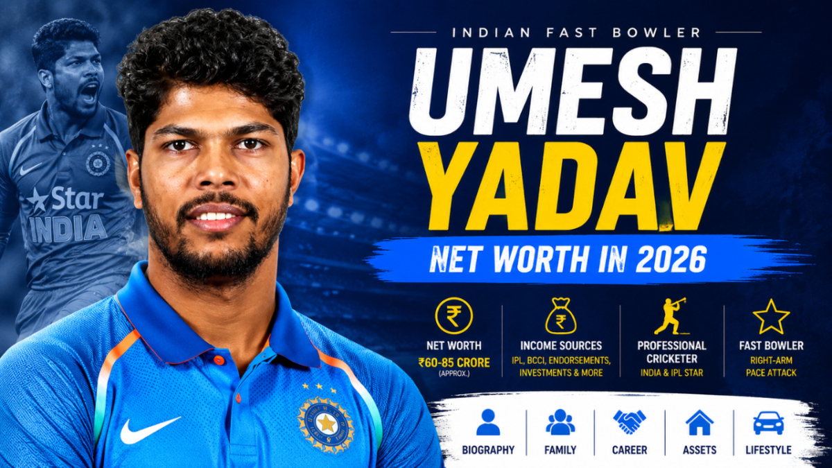 Umesh Yadav net worth feature image showing the Indian fast bowler’s salary, IPL earnings, career achievements, family, assets, and lifestyle in a cricket-themed design.