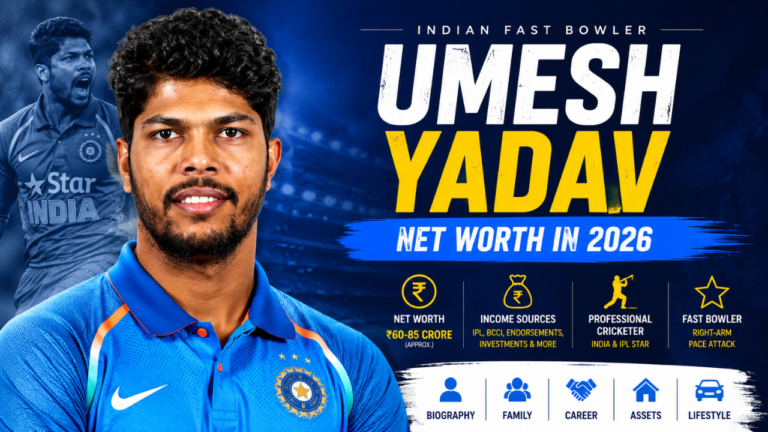 Umesh Yadav net worth feature image showing the Indian fast bowler’s salary, IPL earnings, career achievements, family, assets, and lifestyle in a cricket-themed design.