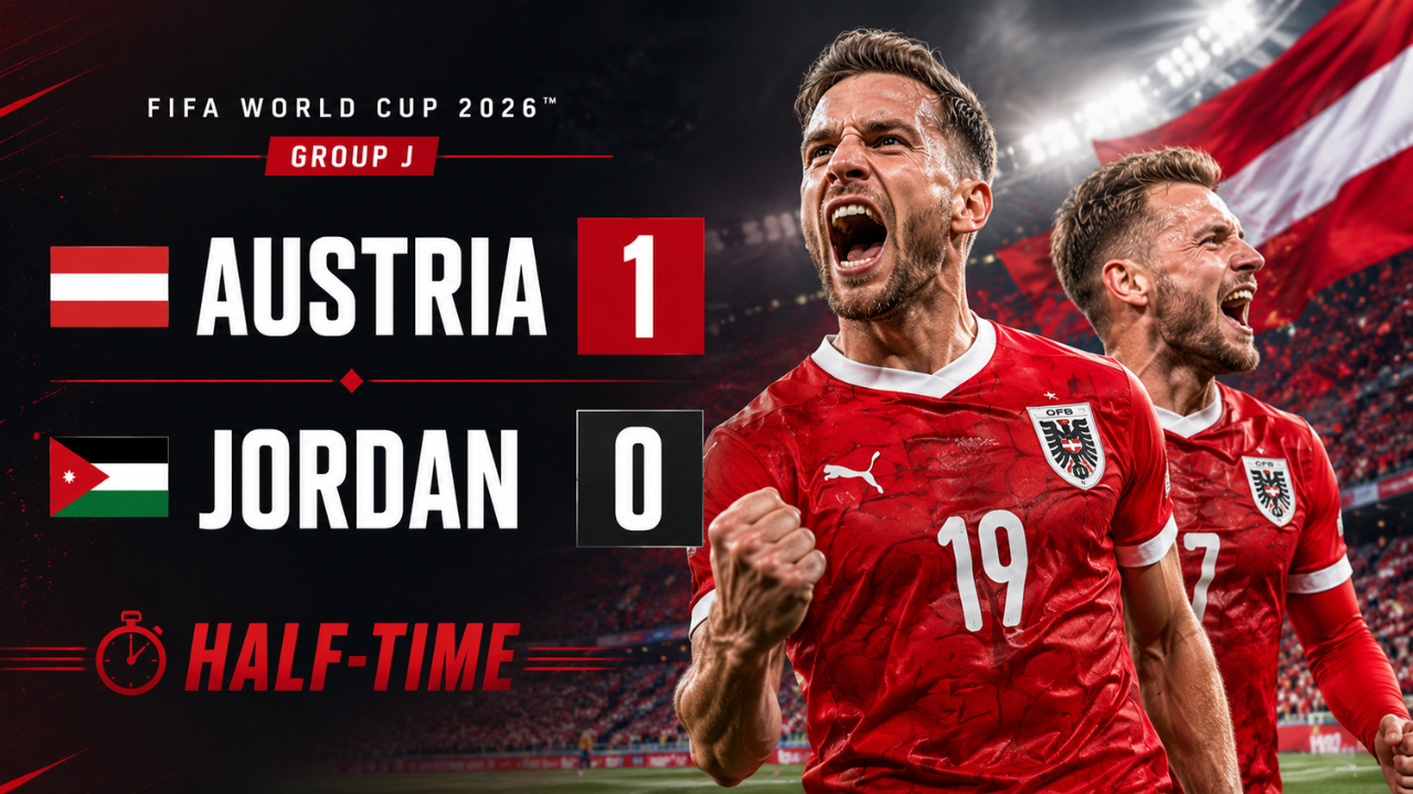 FIFA World Cup 2026 Group J halftime graphic showing Austria leading Jordan 1-0, featuring celebrating Austrian football players in red jerseys against a packed stadium backdrop with bold scoreline and halftime text.