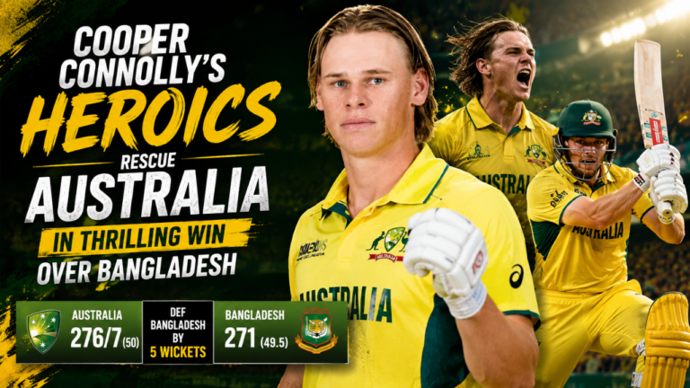 Feature image of Australian cricketer Cooper Connolly celebrating after a match, with bold headline text highlighting his heroics in Australia’s thrilling five-wicket victory over Bangladesh, set against a dramatic cricket stadium background.