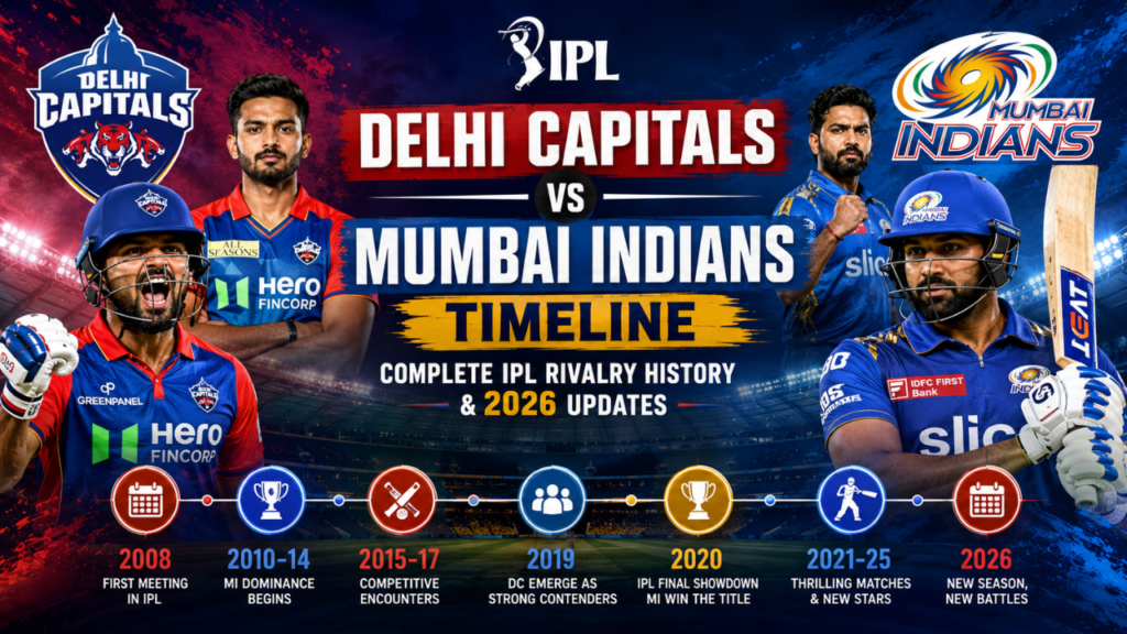 Delhi Capitals vs Mumbai Indians timeline feature image showcasing IPL rivalry history, team players, franchise logos, stadium background, and key milestones from 2008 to 2026.