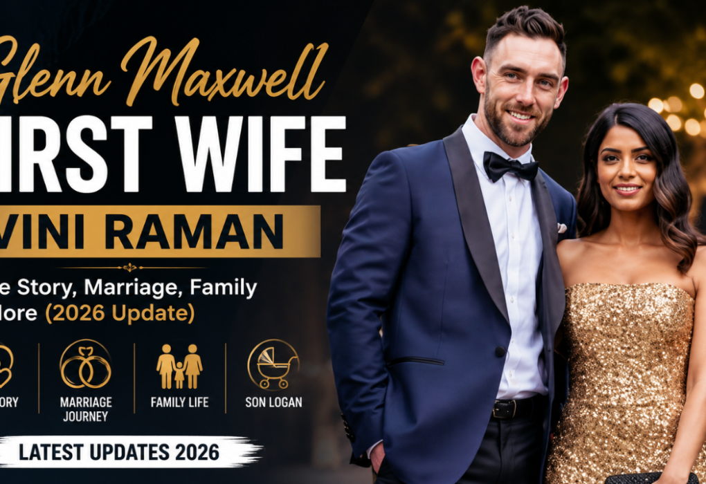 Glenn Maxwell first wife Vini Raman posing together at a formal event, featured in a banner about their love story, marriage, family life, and 2026 updates.