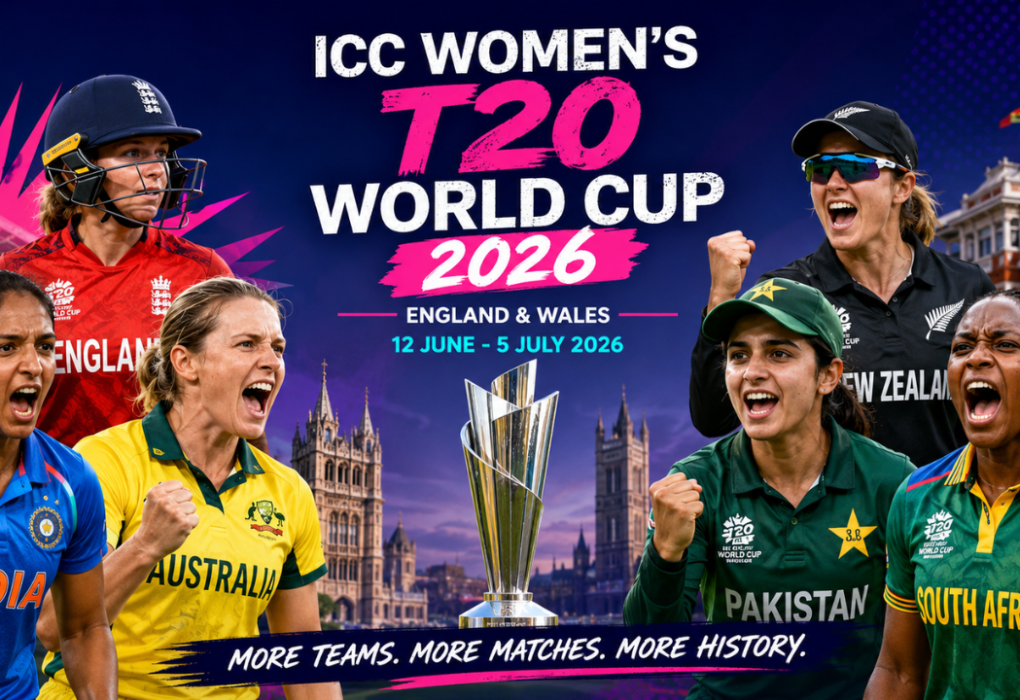 ICC Women's T20 World Cup 2026 banner featuring top women cricketers, the tournament trophy, and England landmarks.