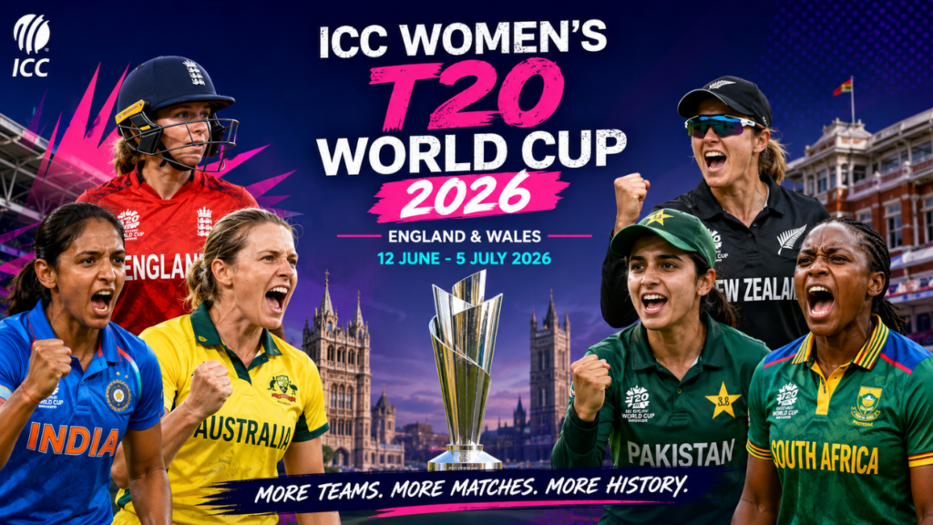 ICC Women's T20 World Cup 2026 banner featuring top women cricketers, the tournament trophy, and England landmarks.