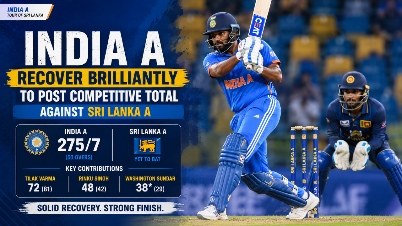India A batsman plays an attacking shot during a match against Sri Lanka A, as the team recovers strongly to post a competitive total in a cricket news feature graphic.