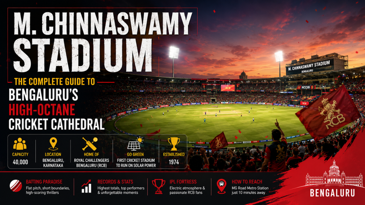 M. Chinnaswamy Stadium in Bengaluru during a packed cricket match, showcasing RCB's home ground, batting-friendly pitch, and vibrant atmosphere.
