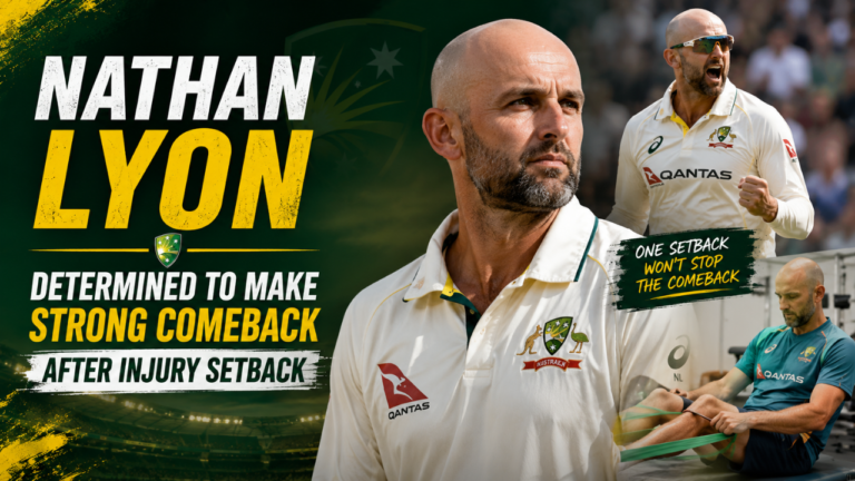 Feature image of Australian spinner Nathan Lyon in Test cricket whites, highlighting his determination to make a strong comeback after an injury setback, with training and match-action visuals set against a dramatic stadium background.