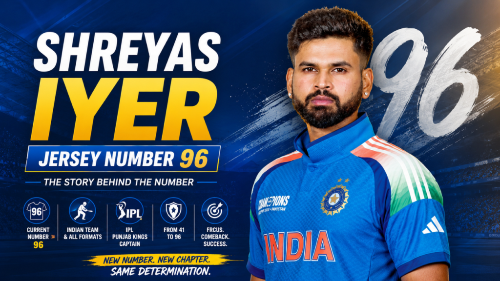 Shreyas Iyer jersey number 96 featured on an India cricket jersey, highlighting the story and significance behind his iconic shirt number.