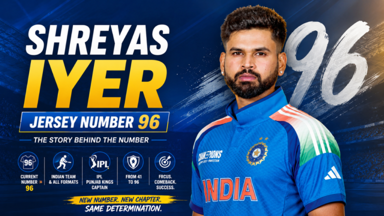 Shreyas Iyer jersey number 96 featured on an India cricket jersey, highlighting the story and significance behind his iconic shirt number.