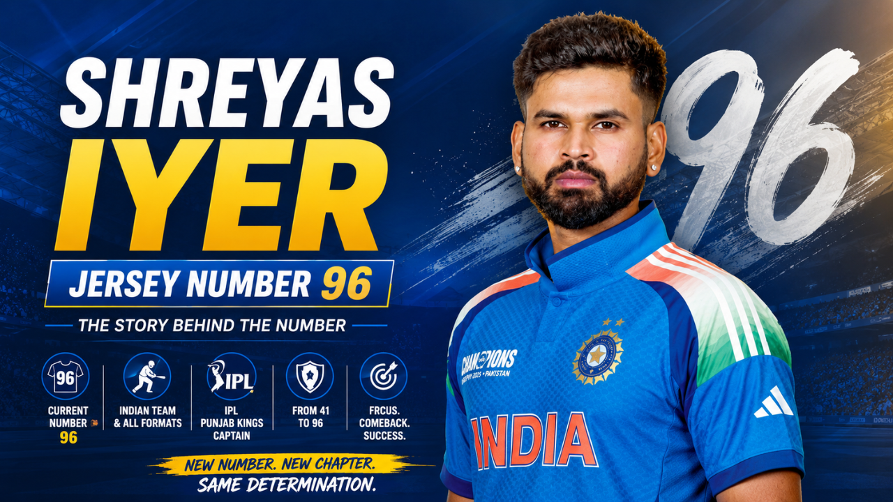 Shreyas Iyer jersey number 96 featured on an India cricket jersey, highlighting the story and significance behind his iconic shirt number.