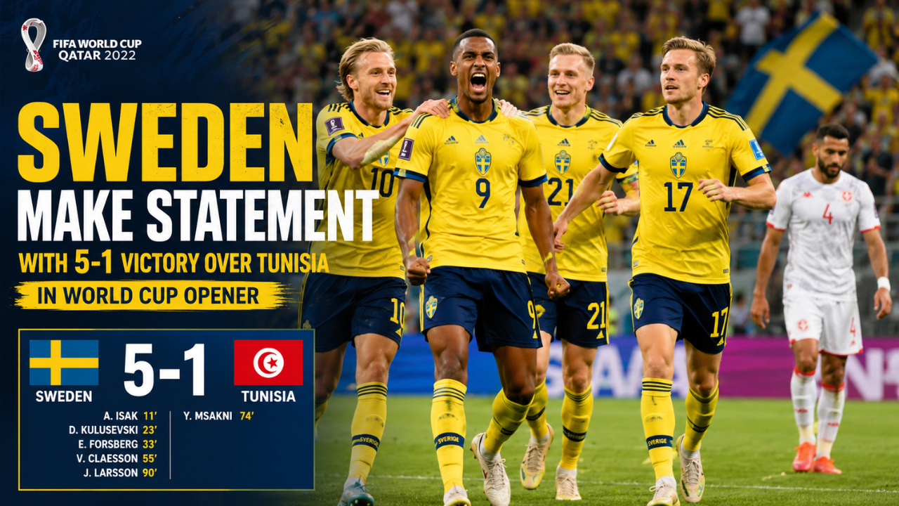 Sweden players celebrate a dominant 5-1 victory over Tunisia in their FIFA World Cup opener, with the final score and match highlights displayed on a sports news graphic.