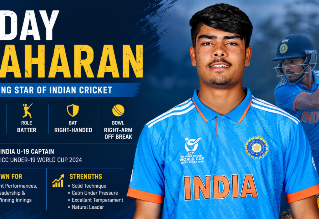 Uday Saharan, India U-19 captain and rising cricket star, featured with key career highlights, batting role, leadership skills, and World Cup 2024 achievements.