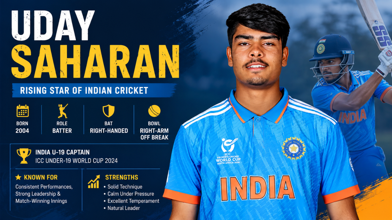 Uday Saharan, India U-19 captain and rising cricket star, featured with key career highlights, batting role, leadership skills, and World Cup 2024 achievements.