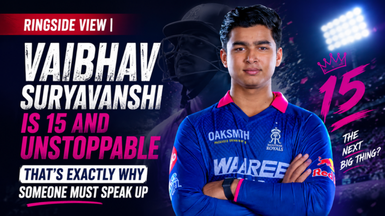 Feature image showing young cricket sensation Vaibhav Suryavanshi in a Rajasthan Royals jersey with the headline “Vaibhav Suryavanshi Is 15 and Unstoppable – That’s Exactly Why Someone Must Speak Up” against a dramatic stadium background.