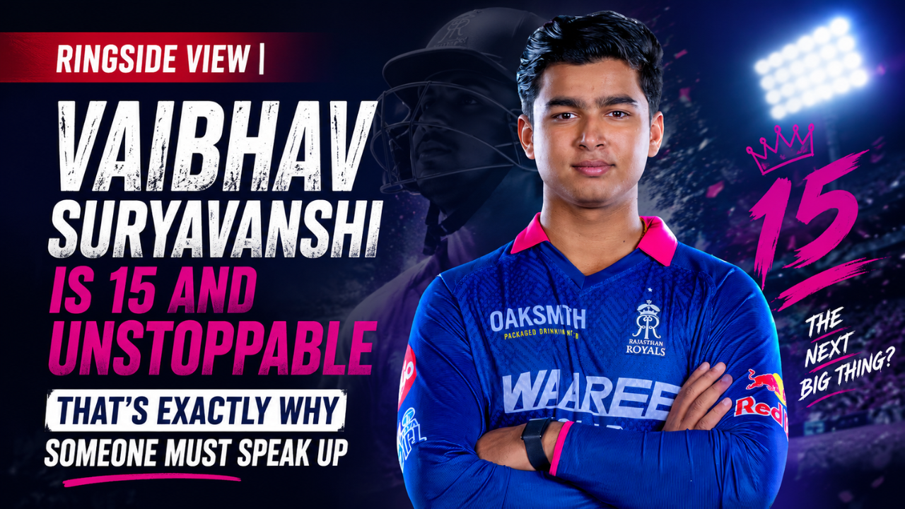 Feature image showing young cricket sensation Vaibhav Suryavanshi in a Rajasthan Royals jersey with the headline “Vaibhav Suryavanshi Is 15 and Unstoppable – That’s Exactly Why Someone Must Speak Up” against a dramatic stadium background.