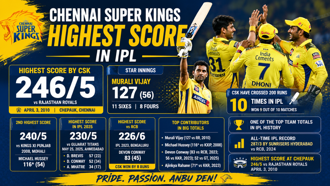 Chennai Super Kings Highest Score in IPL feature image highlighting CSK's record-breaking team totals, top batting performances, and highest IPL score of 246/5.
