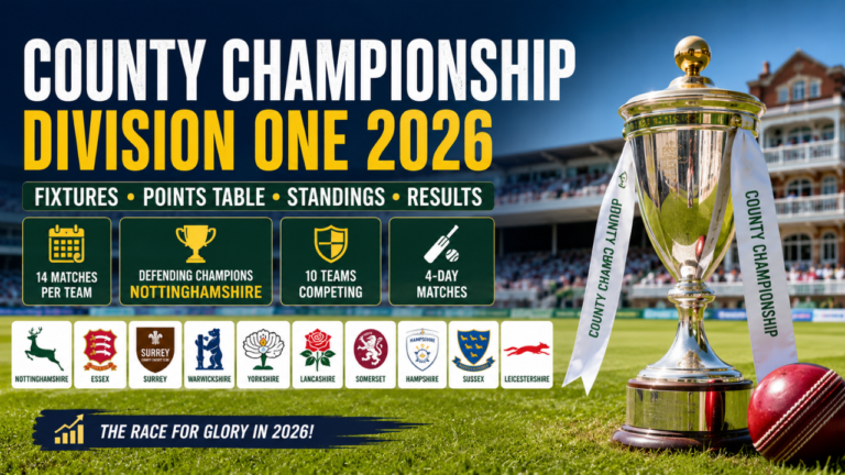 County Championship Division One 2026 feature image showing the championship trophy, cricket stadium, points table, fixtures, standings, and participating teams.