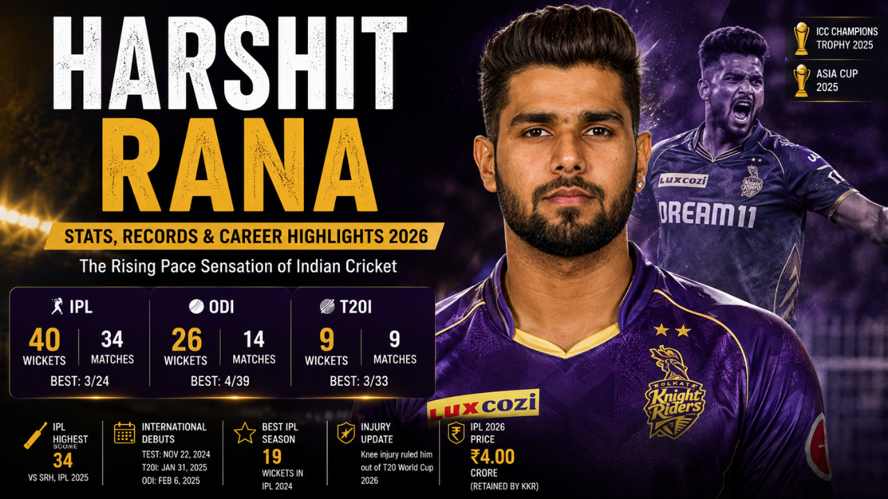 Harshit Rana stats infographic featuring IPL, ODI, and T20I records, career highlights, wickets, achievements, and IPL 2026 salary details.
