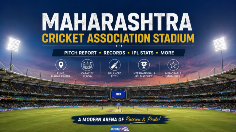 Maharashtra Cricket Association Stadium in Pune under floodlights, showcasing the pitch, seating capacity, IPL records, and match statistics in a modern cricket stadium banner.