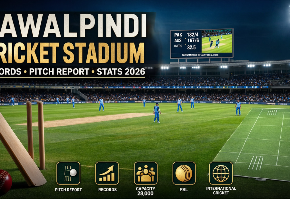 Rawalpindi Cricket Stadium during a night cricket match, featuring the pitch, scoreboard, and highlights of the Rawalpindi Cricket Stadium pitch report, records, seating capacity, PSL, and international cricket stats for 2026.
