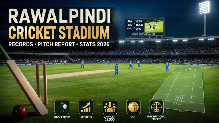 Rawalpindi Cricket Stadium during a night cricket match, featuring the pitch, scoreboard, and highlights of the Rawalpindi Cricket Stadium pitch report, records, seating capacity, PSL, and international cricket stats for 2026.