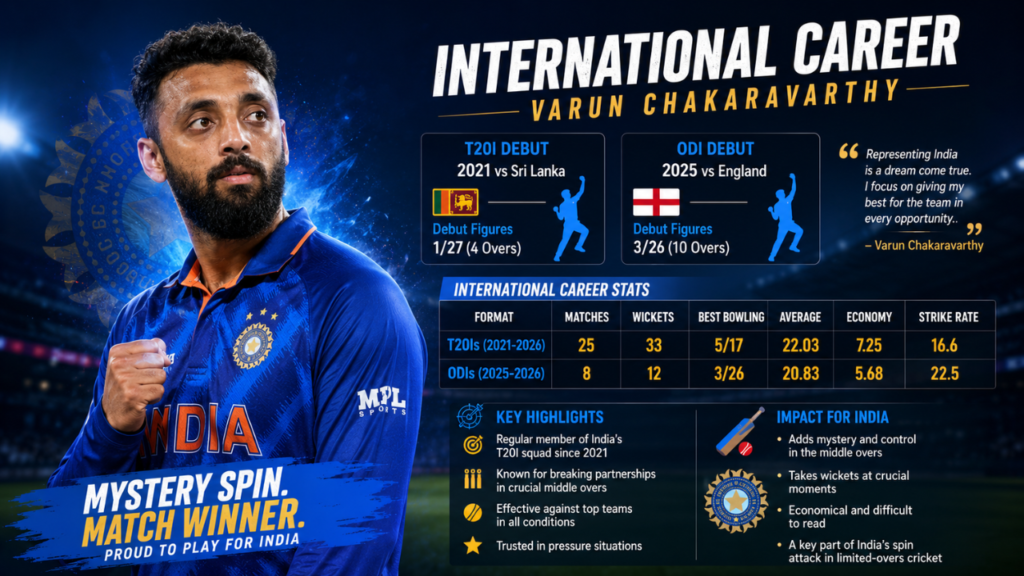 Varun Chakaravarthy international career infographic highlighting T20I and ODI stats, debut details, achievements, and contributions to India's bowling attack.