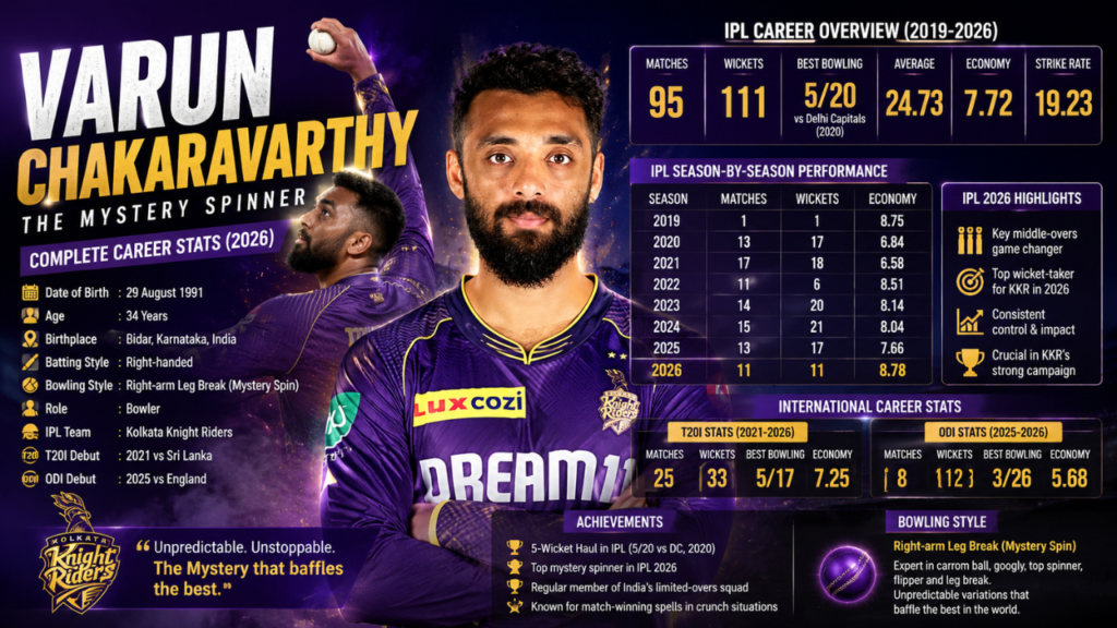 Varun Chakaravarthy stats infographic showcasing IPL records, international career highlights, wickets, achievements, and bowling performance.