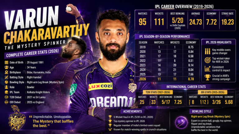 Varun Chakaravarthy stats infographic showcasing IPL records, international career highlights, wickets, achievements, and bowling performance.