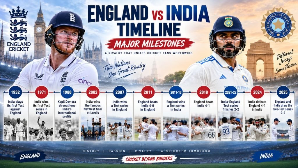 England Cricket Team vs Indian National Cricket Team Timeline